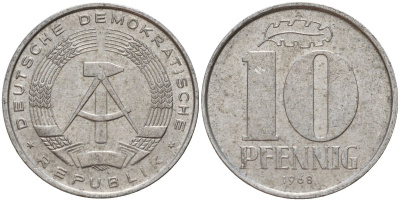 ГДР 10 пфеннигов 1968 A KM 10 алюминий 67-323