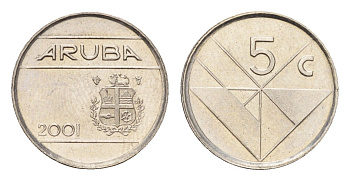 Аруба 5 центов 2001 KM 1 сталь плакированная никелем UNC 4685-546