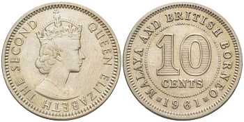 Малайя и Британское Борнео 10 центов 1961 Елизавета II (1952-2022) KM 2 медно-никель 4519-516