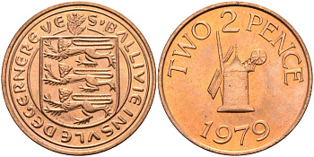 Гернси 2 пенса 1979 ветряная мельница KM 28 бронза UNC 4583-146