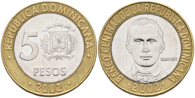 Доминиканская республика 5 песо 2002 Санчес KM 89 биметалл aUNC 4595-713