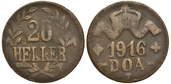 Немецкая Восточная Африка (Танзания) 20 геллеров 1916 T, Ost-Africa, большая корона, первая буква L не полная Jaeger 724 a, KM 15, WK 24 b медь 5010-615