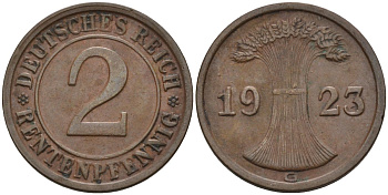 Германия 2 рентенпфеннига 1923 G, выпуск 1924 года KM 31, J.307, Weege 3 медь 4584-612