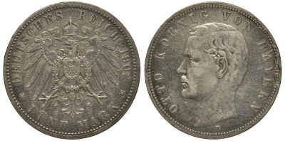 Бавария 5 марок 1902 Отто (1886-1913) Weege 47, J. 46, KM 512 серебро 3711-1441