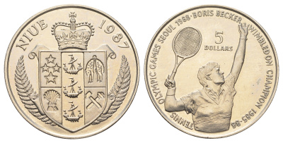Ниуэ 5 долларов 1987 XXIV летние Олимпийские Игры, Сеул 1988 - Теннис, Борис Беккер KM 1 медно-никель BU 11-057-15