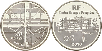 Франция 10 евро 2010 центр  Жоржа Помпиду KM 1686 серебро PROOF 01-165-22
