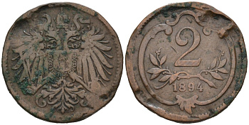 Австрия 2 геллера 1894 Франц Иосиф (1846-1918) KM 2801 бронза 4567-639