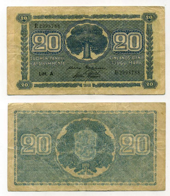 Финляндия 20 марок 1945 литера "А" Pick 78 a(14) бумага 450-60-3-3