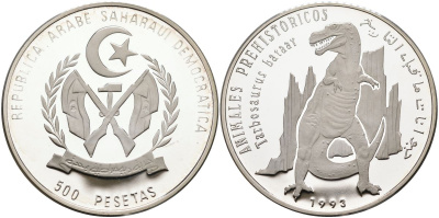 Западная Сахара 500 песет 1993 серия доисторические живоные, тарбозавр батаар KM 12 серебро PROOF 00-000-00