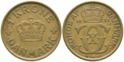 ДАНИЯ 1 КРОНА 1931 N; GJ, КРИСТИАН X (1912-1947) KM 824.2 алюминиевая бронза 32-311