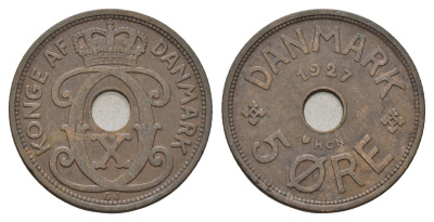 Дания 5 эре 1927 NCH, Кристиан X (1912-1947) KM 828 бронза 4700-757