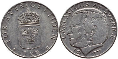 Швеция 1 крона 1977 Карл XVI Густав (1973- ) KM 852 медь плакированная медно-никелем 4397-833