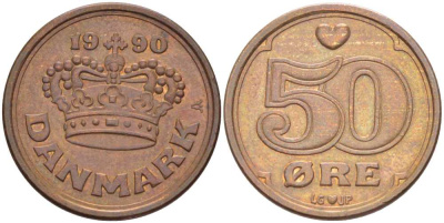 Дания 50 эре 1990 Маргрете II (1972- ) KM 866.2 бронза 202-754