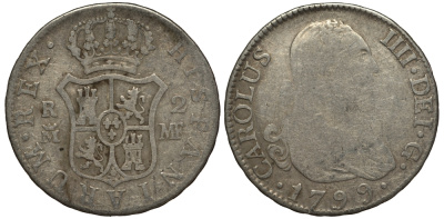 Испания 2 реала 1799 MF, мондвор (Мадрид), Карлос IIII (1788-1808) KM 430.1 (C69.1) серебро 650-935