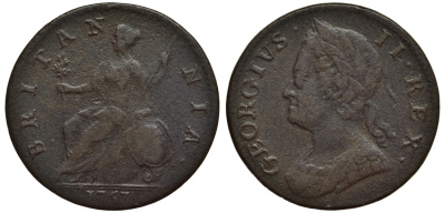 Великобритания 1/2 пенса 1753 Георг II (1727-1760) KM 579.2, Spink 3719 медь 1523-1313