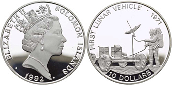 Соломоновы острова 10 долларов 1992 первый лунный автомобиль (луноход) 1971, астронавт KM 40 серебро PROOF 1078-7-21