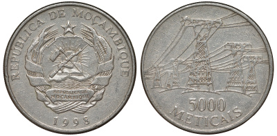 Мозамбик 5000 метикалей 1998 ЛЭП KM 124 никелированная сталь 4162-541