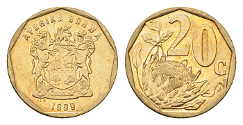 ЮАР 20 центов 1999 герб, цветок протея KM 162 сталь плакированная латунью UNC 4694-914