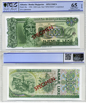 Албания 1000 леков 1994 Скандербег, Specimen. номер АВ 000000, диагональная надпечатка, жирный шрифт, в слабе PCGS 65 Gem UNC Pick 58 s бумага UNC (пресс) 452-1-44