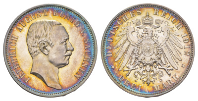 Саксония 3 марки 1912 Е, Фридрих Август III (1904-1918) Weege 132, J. 135, KM 1267 серебро  PROOF  00-807-19