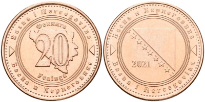 Босния и Герцеговина 20 фенигов 2021 KM 116 сталь плакированная медью UNC 4514-1033