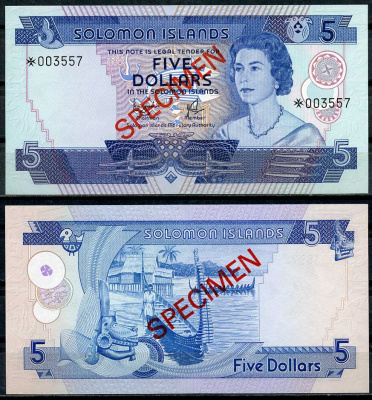 Соломоновы острова 2, 5 и 10 долларов ND (1977) Елизавета II (1952-2022), образец, Specimen, № 003557 Pick 5 s, 6 s, 7 s  бумага  UNC (пресс) 451-19-2