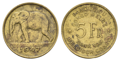 Бельгийское Конго 5 франков 1947 слон, Леопольд III, год тип KM 29 латунь 4127-1815