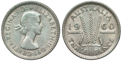 Австралия 3 пенса 1960 m, Елизавета II (1952-2022) KM 57 серебро 71-653