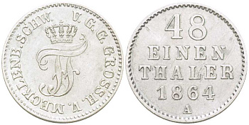 Мекленбург-Шверин 1/48 талера 1864 А, Фридрих Франц II (1842-1883) AKS 66, Jaeger 117, KM 311 (С107а) серебро 206-313