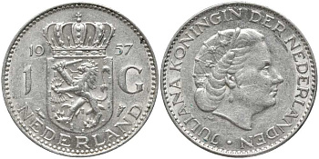 Нидерланды 1 гульден 1957 Юлиана (1948-1980) KM 184 серебро 202-555