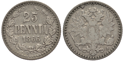 Россия для Финляндии 25 пенни 1866 S, Александр II KM 6.1, Биткин 642 серебро    443-735