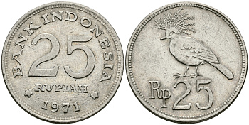Индонезия 25 рупий 1971 венценосный голубь KM 34 медно-никель 177-1453