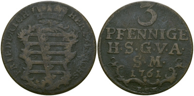 САКСЕН-ГОТА-АЛЬТЕНБУРГ 3 ПФЕННИГА 1761 KM 10 медь 65-616