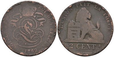 Бельгия 2 сантима 1862 Belges KM 4.2 медь 4595-156