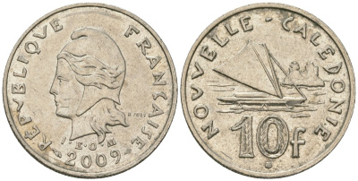 Французская Новая Каледония 10 франков 2009 рыбачья парусная лодка, (IEOM) KM 11a, Schoen 13a, Lec 99k медно-никель 60-1342