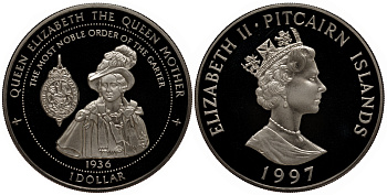 Остров Питкерн 1 доллар 1997 Королева Елизавета - Королева мать, в оригинальном картонном буклете, тираж 10000 экземпляров KM 10 медно-никель  PROOF 7-5-6-16