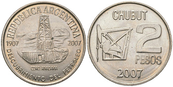 Аргентина 2 песо 2007 100 лет нахождению нефти в Аргентине KM 145 медно-никель UNC 4157-743