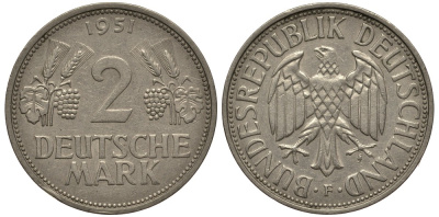 ФРГ 2 марки 1951 F J 386, KM 111 медно-никель плакированный никелем 413-3731