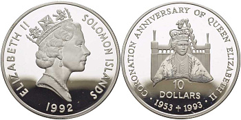 Соломоновы острова 10 долларов 1992 40 лет коронации королевы Елизаветы II (1953-1993) KM 46 серебро PROOF 1078-7-22
