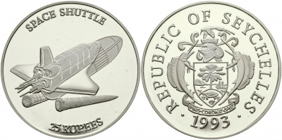 Сейшельские острова 25 рупий 1993 космический корабль, шаттл, тираж 10000 экз. KM 68 серебро PROOF 02-226-13