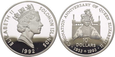 Соломоновы острова 10 долларов 1992 40 лет коронации королевы Елизаветы II (1953-1993) KM 46 серебро PROOF 1078-7-22