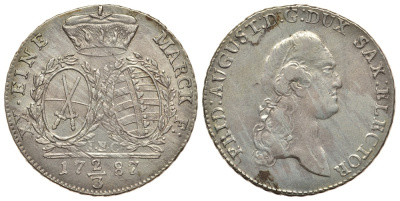 Саксония 2/3 талера 1787 I.E.C., Фридрих Август III (1763-1806) KM 991 (C118) серебро aUNC 00-000-00