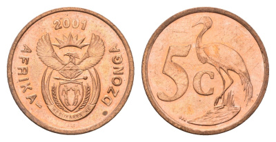 ЮАР 5 центов 2001 герб, райский журавль KM 223 сталь плакированная медью UNC 4687-234