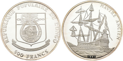 Конго 500 франков 1991 Испанский галеон "Navire Ancien" KM 5 серебро PROOF 00-000-00