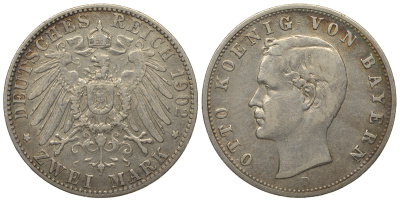 Бавария 2 марки 1902 D, Отто (1886-1913) Weege 44, J. 45, KM 511 серебро 413-6132