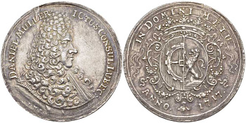 Любек медаль 1717 портрет бургомистра Даниэля Мюллера, диаметр 39,83 мм, вес  12,82 гр, (rare), extremely fine Behrens 709; R?hl 300 серебро 00-814-07