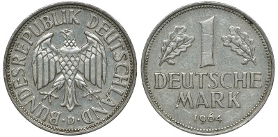 ФРГ 1 МАРКА 1964 D J 385, KM 110 медно-никель 72-731