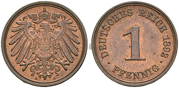 Германия 1 пфенниг 1892 A, Вильгельм II (1888-1918) KM 10, J. 10 медь aUNC 1525-521