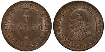 Ватикан 1/2 сольдо - 2 1/2 чентезимо 1866 R, год XXI, папа Пий IX (1846-1878), раскол штемпеля KM 1371 (C181) медь UNC 00-817-22