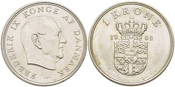 Дания 1 крона 1962 C; S, Фредерик IX (1947-1972) KM 851 медно-никель 202-757